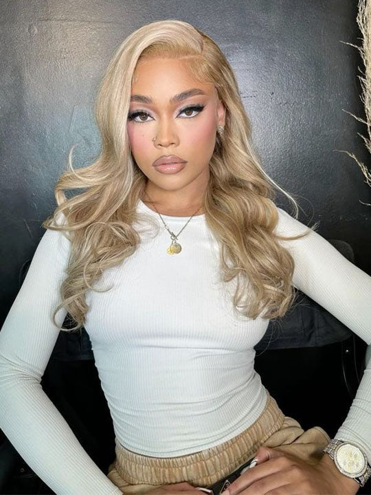 Kisslove Blonde Balayage On Warm Brown 3D Body Wave 360 Lace Wigs Invisi Drawstring Cap Hat Wig