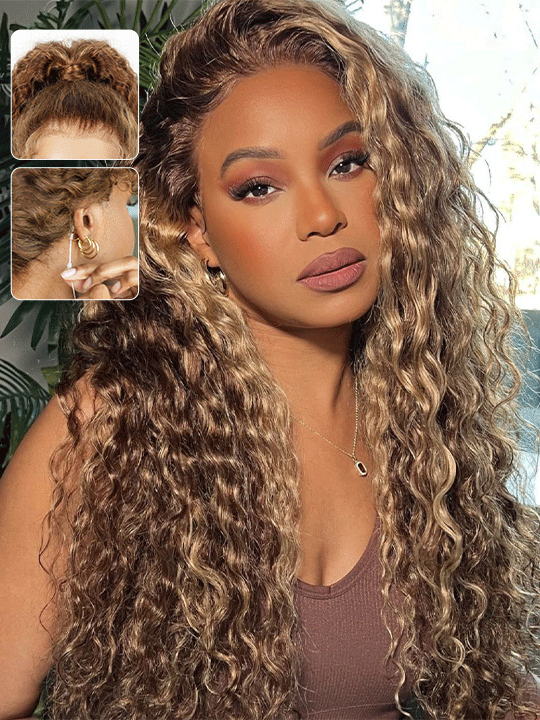 Kisslove Pre-bleached Knots Water Wave Highlight 360 Lace Wig With Invisi-Drawstring Cap