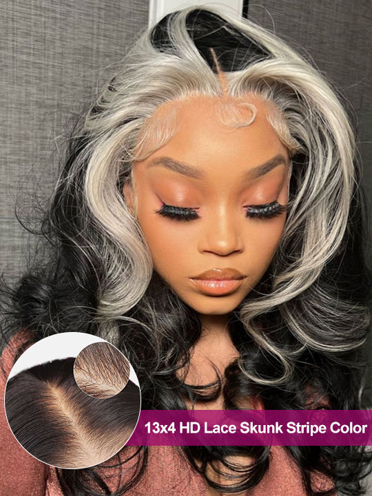 Gray Skunk Stripe Wig Highlights 3D Body Wave 13x4 HD Lace Front Human Hair Wigs
