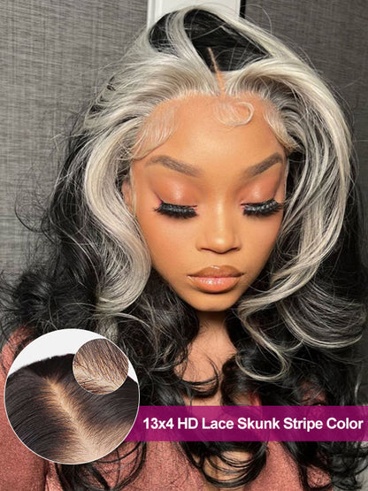 Gray Skunk Stripe Wig Highlights 3D Body Wave 13x4 HD Lace Front Human Hair Wigs