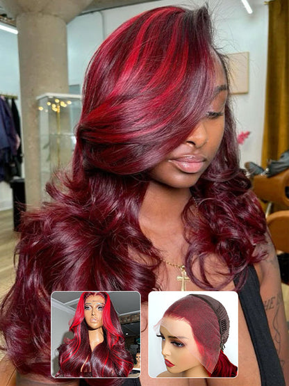 Burgundy With Red Highlights 3D Body Wave 5x5 13x4 13x6 Lace Frontal Human Hair Wigs