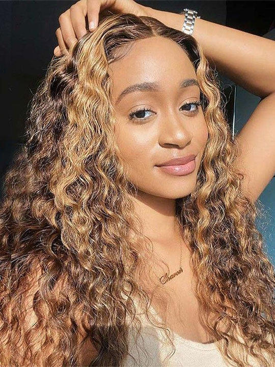 Kisslove Pre-bleached Knots Water Wave Highlight 360 Lace Wig With Invisi-Drawstring Cap