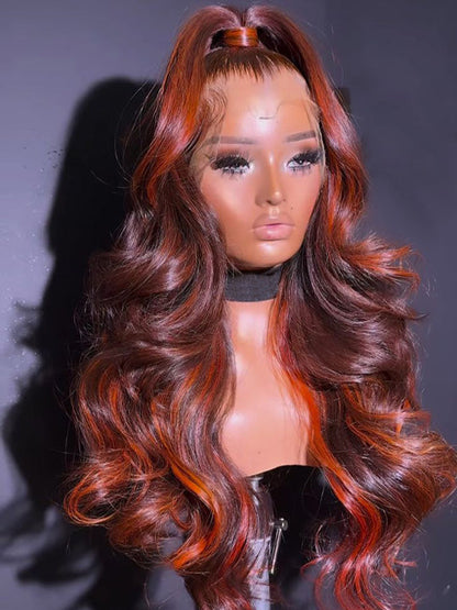 Kisslove Balayage Chestnut Brown with Ginger Highlight Body Wave Wigs Invisi Strap 360 Lace Frontal Wig