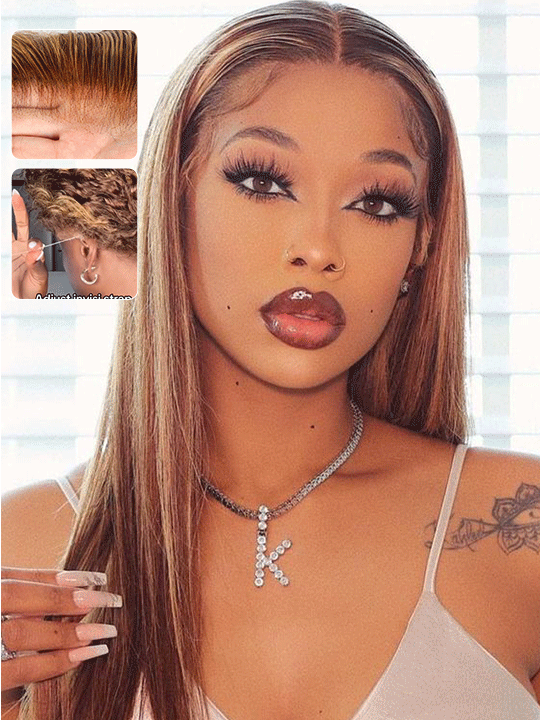 Kisslove Brown Highlights Straight Human Hair Wigs Pre-bleached Invisi Strap Snug Fit 360 Lace Frontal Wig