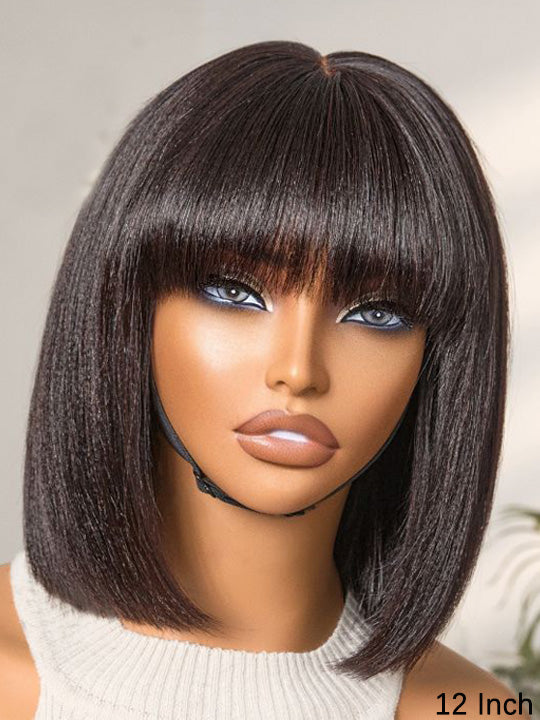 Kisslove Glueless Double Drawn 3x1 Middle Part Bob Wig Bone Straight /Yaki Straight Wig with Bangs Pull & Go Wig