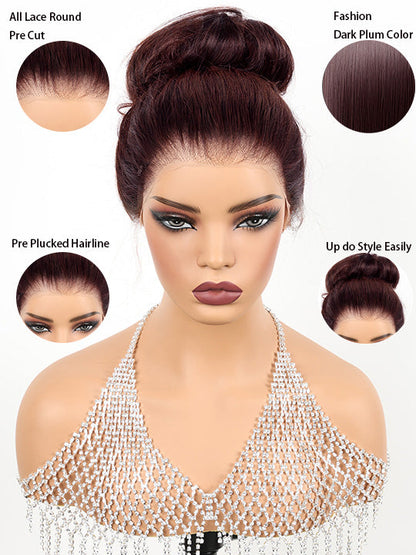 Kisslove Glueless Invisi-Drawstring 360 Lace Wig Dark Plum Color Curtain Bangs & Layered Body Wave Wig