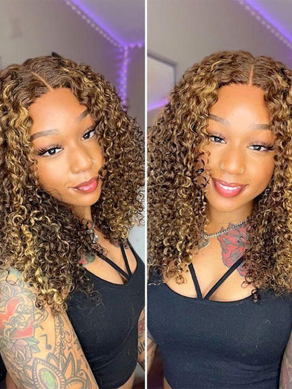 Honey Blonde Highlights Kinky Curly Short Bob Wig Glueless Lace Closure Bob Wigs