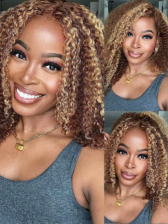 4C Kinky Edge Honey Blonde Highlights Kinky Curly 7x5 Glueless Lace Frontal Wig Kisslove Hair