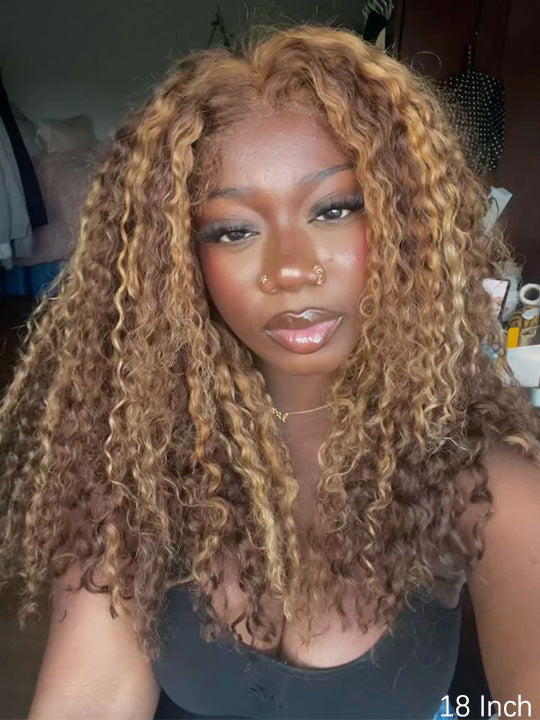 4C Kinky Edge Honey Blonde Highlights Kinky Curly 7x5 Glueless Lace Frontal Wig Kisslove Hair