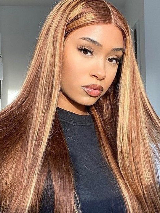 Kisslove Brown Highlights Straight Human Hair Wigs Pre-bleached Invisi Strap Snug Fit 360 Lace Frontal Wig