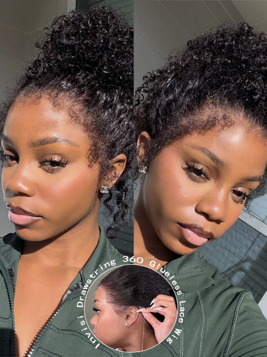KissloveHair 4C Edge Kinky Curly Hair 360 Lace Wig Invisi Drawstring Glueless Lace Wigs