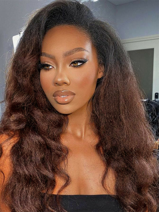 Kisslove Invisi-Drawstring 360 Lace Wig Ombre Brown Hair Yaki Body Wave Wigs with Newborn Hairline