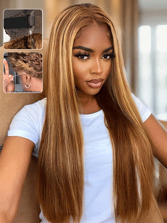 Kisslove Brown Highlights Straight Human Hair Wigs Pre-bleached Invisi Strap Snug Fit 360 Lace Frontal Wig