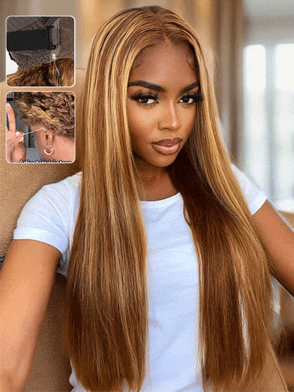 Kisslove Brown Highlights Straight Human Hair Wigs Pre-bleached Invisi Strap Snug Fit 360 Lace Frontal Wig