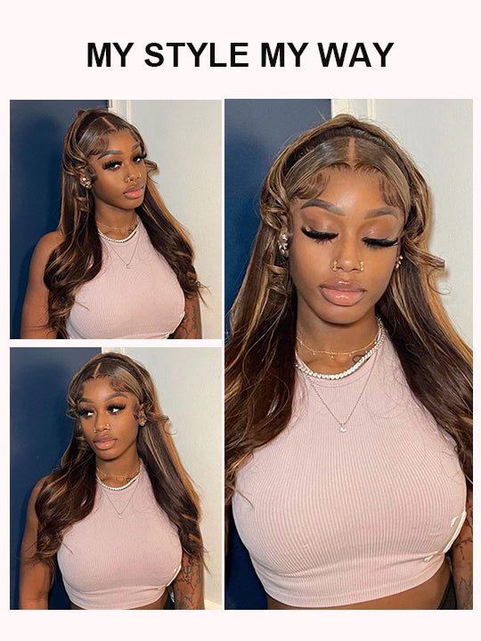 Kisslove Brown Highlights Straight Human Hair Wigs Pre-bleached Invisi Strap Snug Fit 360 Lace Frontal Wig
