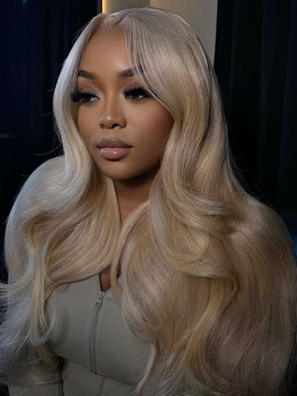 Ash Blonde Layered & Curtain Bangs 3D Body Wave 13x6 Lace Frontal Pull Go Human Hair Wigs