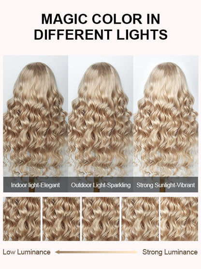 Ash Blonde Layered & Curtain Bangs 3D Body Wave 13x6 Lace Frontal Pull Go Human Hair Wigs