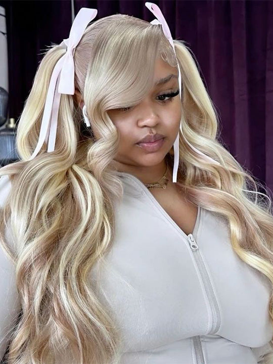 Kisslove Blonde Balayage On Warm Brown 3D Body Wave 360 Lace Wigs Invisi Drawstring Cap Hat Wig