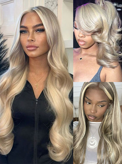 Kisslove Blonde Balayage On Warm Brown 3D Body Wave 360 Lace Wigs Invisi Drawstring Cap Hat Wig