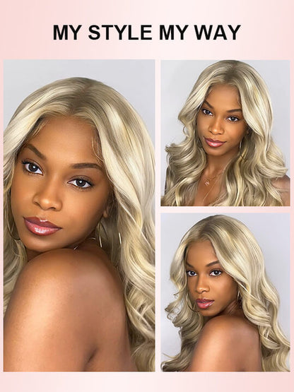 Kisslove Blonde Balayage On Warm Brown 3D Body Wave 360 Lace Wigs Invisi Drawstring Cap Hat Wig