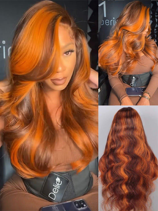 Kisslove Balayage Chestnut Brown with Ginger Highlight Body Wave Wigs Invisi Strap 360 Lace Frontal Wig