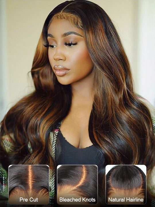 Kisslove Invisi-Drawstring Snug Fit 360 Lace Wig Glueless Black Hair With Brown Highlights