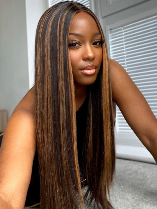 Kisslove Invisi-Drawstring Snug Fit 360 Lace Wig Glueless Black Hair With Brown Highlights