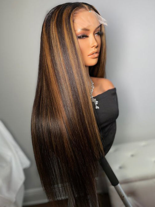 Kisslove Invisi-Drawstring Snug Fit 360 Lace Wig Glueless Black Hair With Brown Highlights