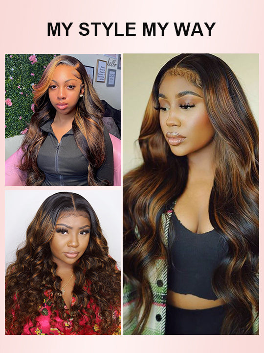 Kisslove Invisi-Drawstring Snug Fit 360 Lace Wig Glueless Black Hair With Brown Highlights