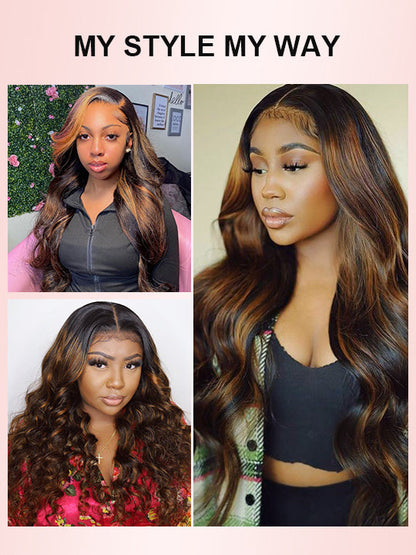 Kisslove Invisi-Drawstring Snug Fit 360 Lace Wig Glueless Black Hair With Brown Highlights