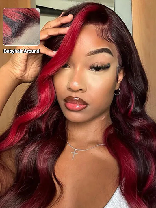 Burgundy With Red Highlights 3D Body Wave 5x5 13x4 13x6 Lace Frontal Human Hair Wigs