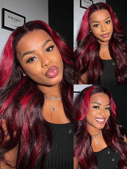 Burgundy With Red Highlights 3D Body Wave 5x5 13x4 13x6 Lace Frontal Human Hair Wigs