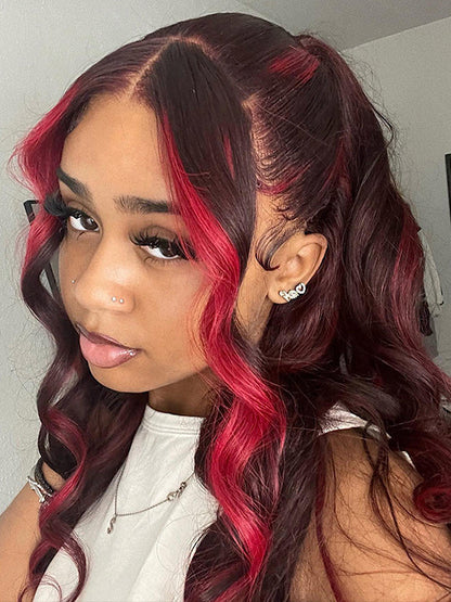 Burgundy With Red Highlights 3D Body Wave 5x5 13x4 13x6 Lace Frontal Human Hair Wigs