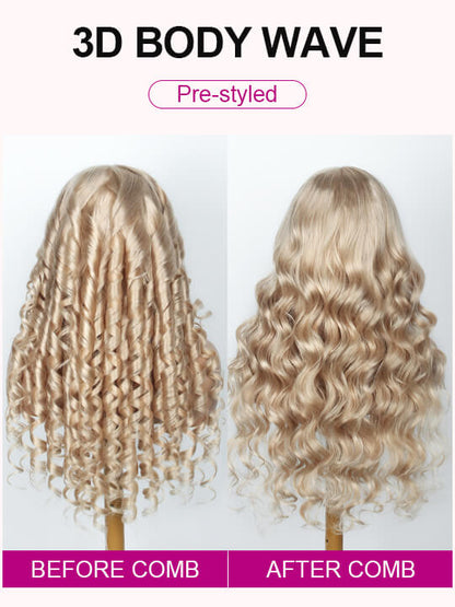 Ash Blonde Layered & Curtain Bangs 3D Body Wave 13x6 Lace Frontal Pull Go Human Hair Wigs