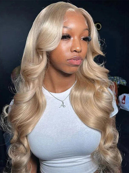 Ash Blonde Layered & Curtain Bangs 3D Body Wave 13x6 Lace Frontal Pull Go Human Hair Wigs