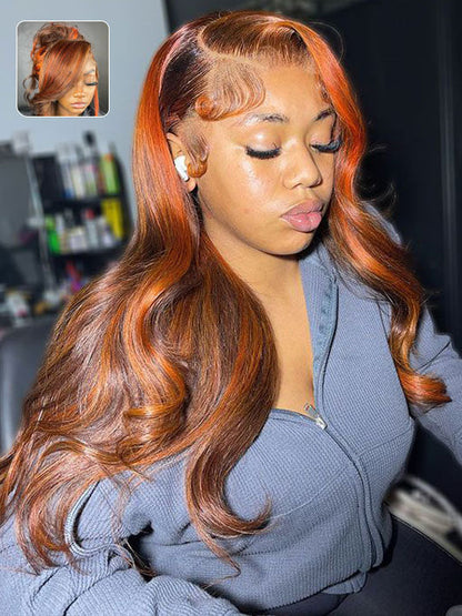 Kisslove Balayage Chestnut Brown with Ginger Highlight Body Wave Wigs Invisi Strap 360 Lace Frontal Wig