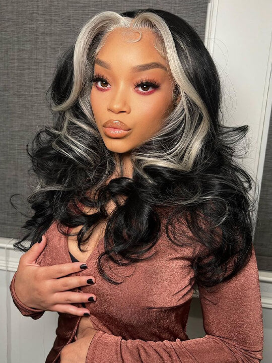 Gray Skunk Stripe Wig Highlights 3D Body Wave 13x4 HD Lace Front Human Hair Wigs