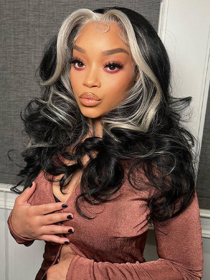 Gray Skunk Stripe Wig Highlights 3D Body Wave 13x4 HD Lace Front Human Hair Wigs