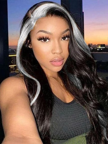 Gray Skunk Stripe Wig Highlights 3D Body Wave 13x4 HD Lace Front Human Hair Wigs