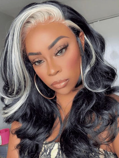 Gray Skunk Stripe Wig Highlights 3D Body Wave 13x4 HD Lace Front Human Hair Wigs