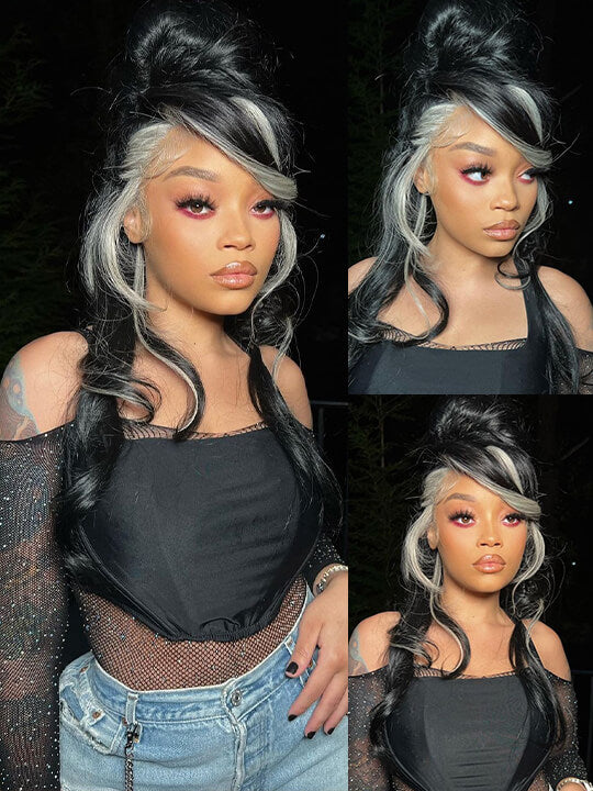 Gray Skunk Stripe Wig Highlights 3D Body Wave 13x4 HD Lace Front Human Hair Wigs