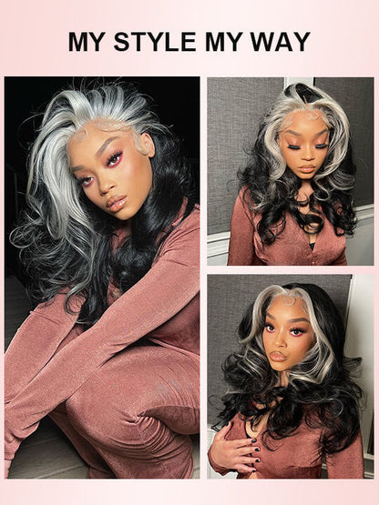 Gray Skunk Stripe Wig Highlights 3D Body Wave 13x4 HD Lace Front Human Hair Wigs