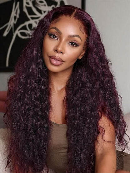 Kisslove Hair Black Cherry Water Wave Invisi Drawstring Lace Frontal Wig Glueless Dark Plum Color Wig