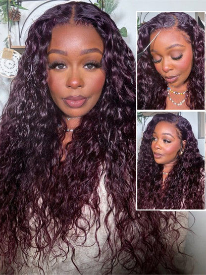 Kisslove Hair Black Cherry Water Wave Invisi Drawstring Lace Frontal Wig Glueless Dark Plum Color Wig