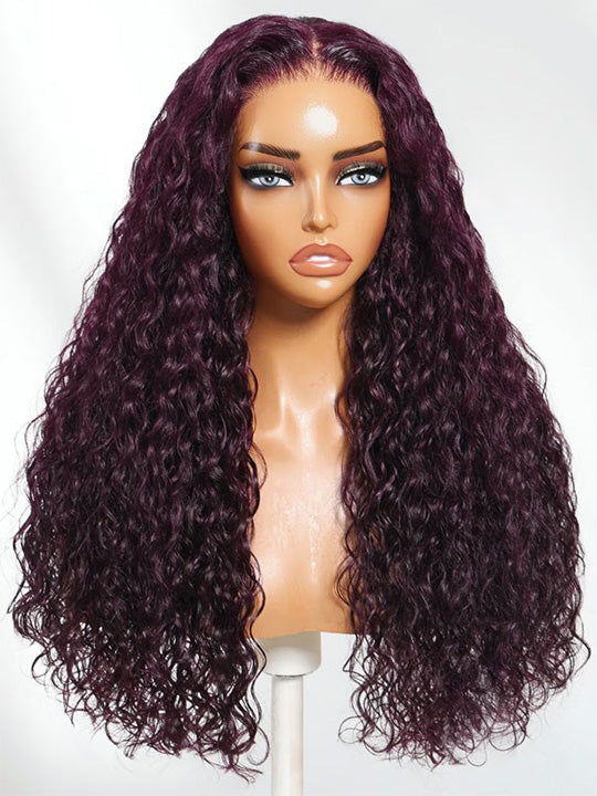 Kisslove Hair Black Cherry Water Wave Invisi Drawstring Lace Frontal Wig Glueless Dark Plum Color Wig