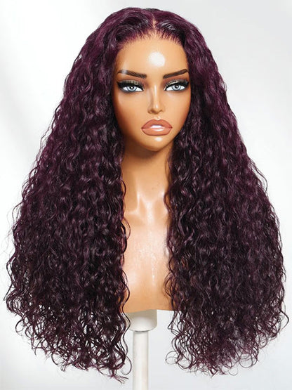 Kisslove Hair Black Cherry Water Wave Invisi Drawstring Lace Frontal Wig Glueless Dark Plum Color Wig