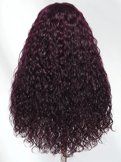 Kisslove Hair Black Cherry Water Wave Invisi Drawstring Lace Frontal Wig Glueless Dark Plum Color Wig