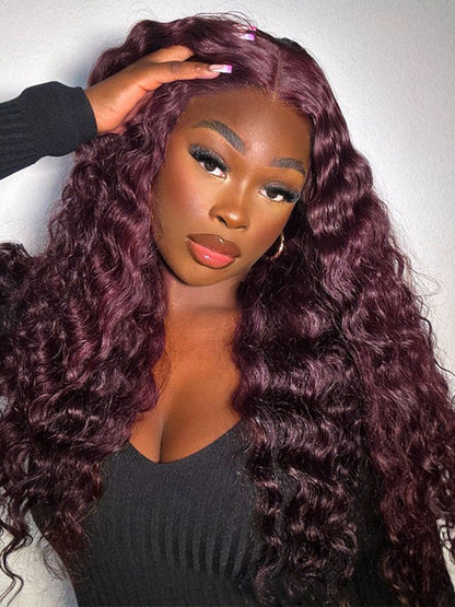 Kisslove Hair Black Cherry Water Wave Invisi Drawstring Lace Frontal Wig Glueless Dark Plum Color Wig