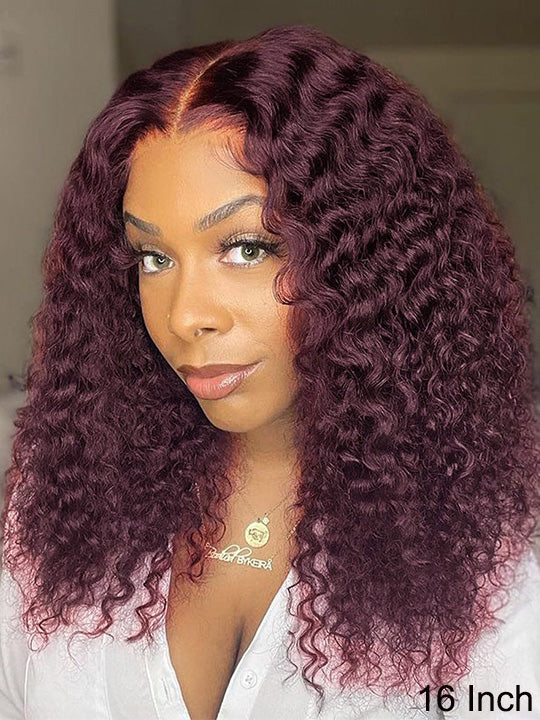 Kisslove Hair Black Cherry Water Wave Invisi Drawstring Lace Frontal Wig Glueless Dark Plum Color Wig