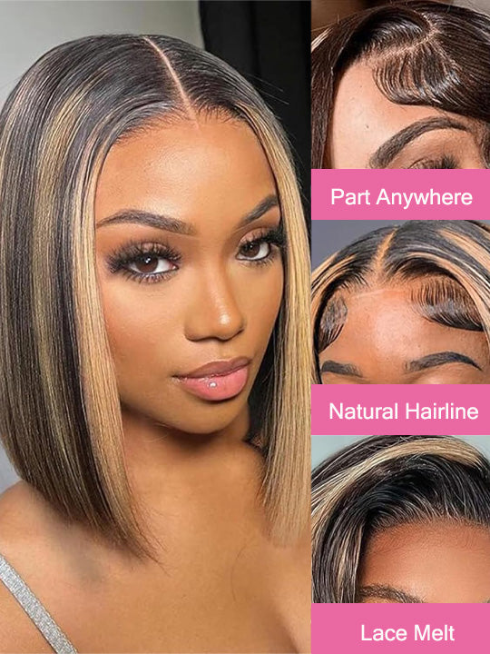 Straight Hair Honey Blonde Highlights On Black Hair Glueless Short Bob Wig Kisslove Hair